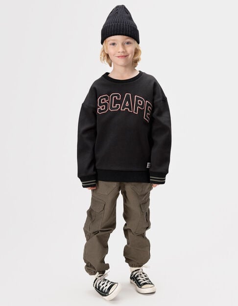 Boys’ black sweatshirt with embroidered corduroy slogan - IKKS