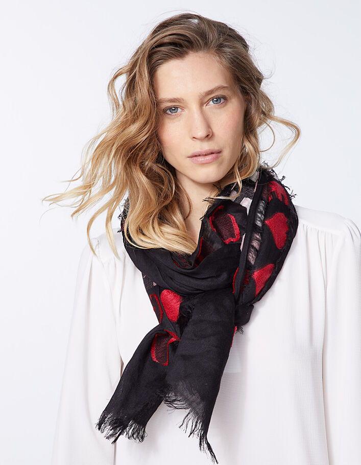Women’s black embroidered slogan cotton modal fringe scarf - IKKS