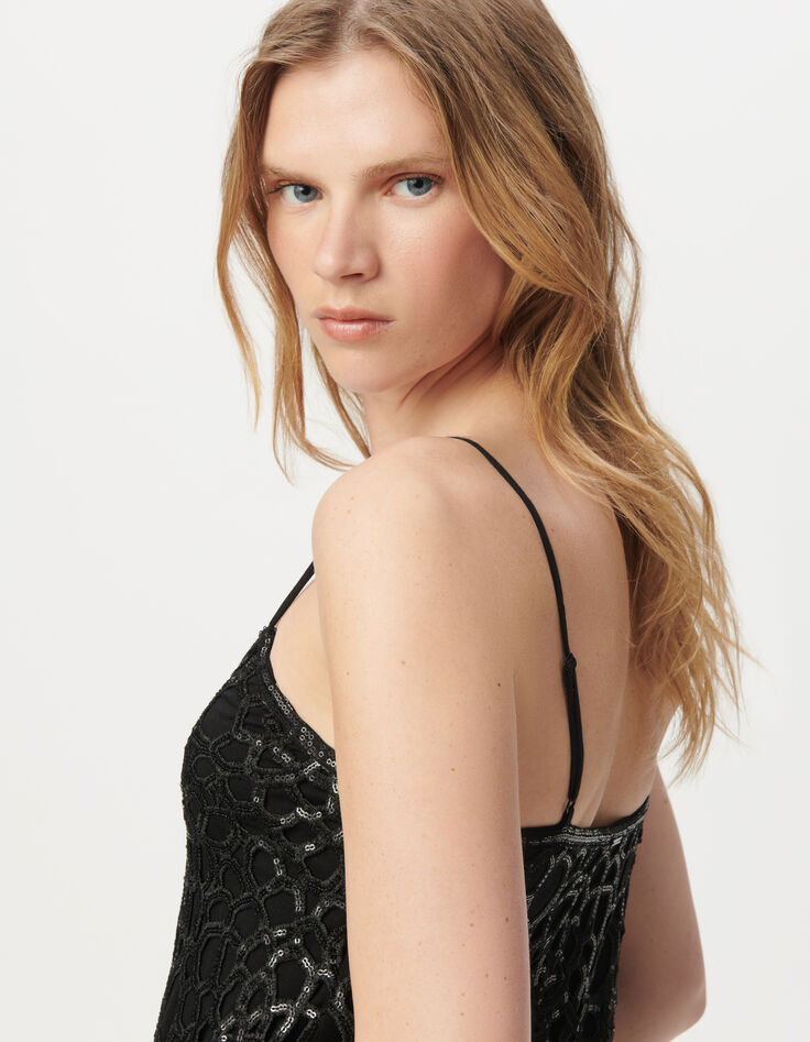 Robe courte noire dentelle brodée sequins Femme-4