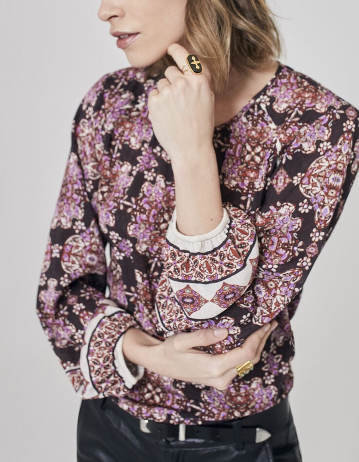 Blouse en voile imprimé bohème coloris violet femme-3 Blouse en voile imprimé bohème coloris violet femme-3
