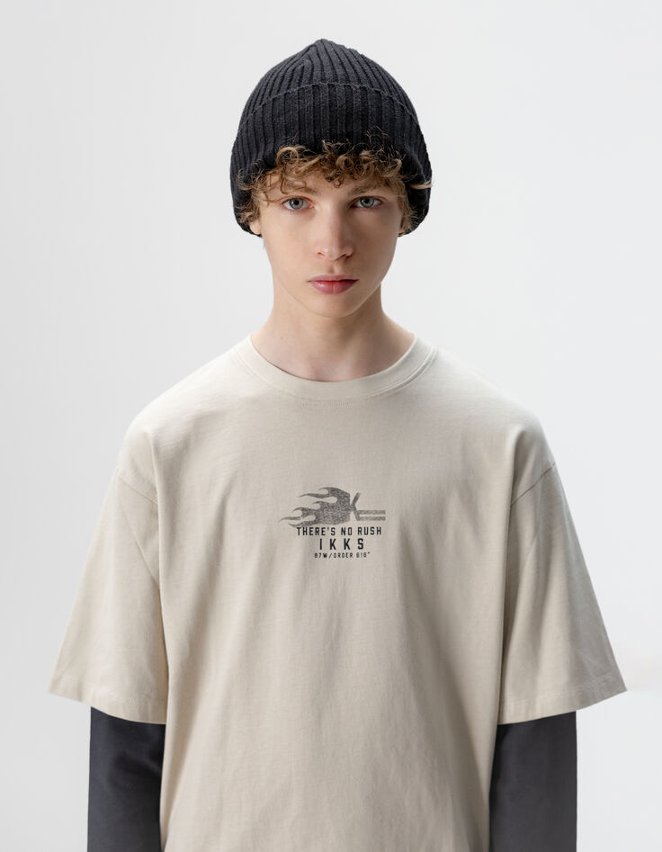 Camiseta beige algodón mangas trampantojo niño-3