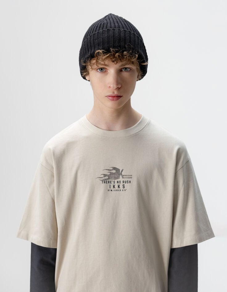 Camiseta beige algodón mangas trampantojo niño-3 Camiseta beige algodón mangas trampantojo niño-3