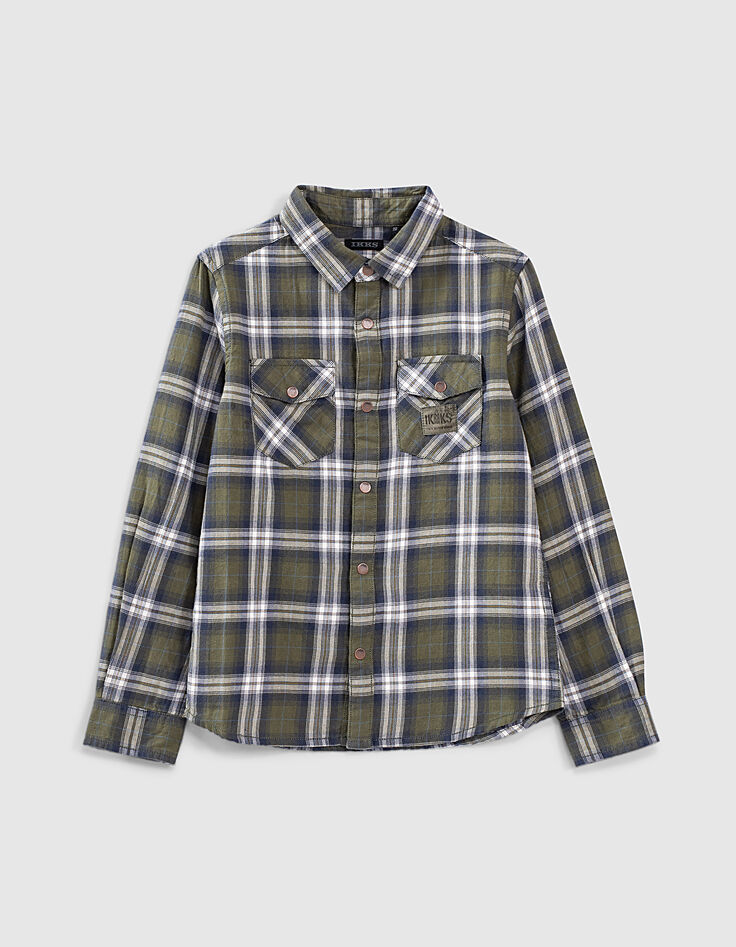 Boys’ khaki check shirt with print on back -1