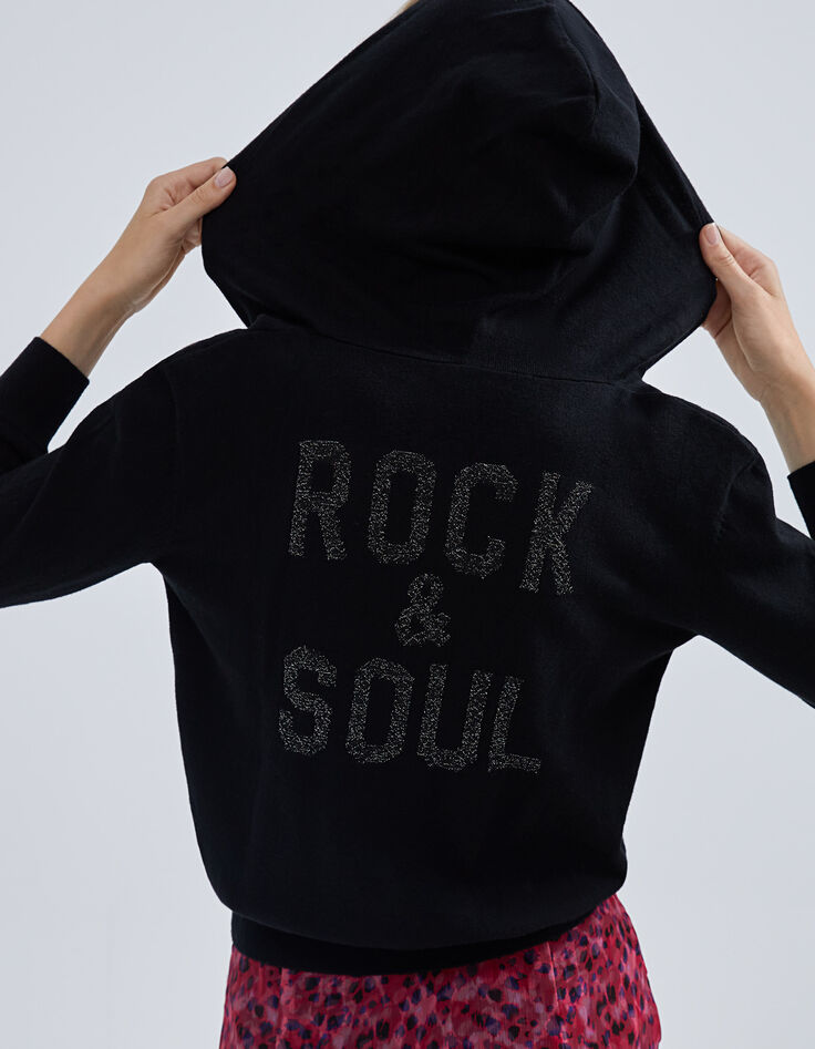 Women’s black knit cardigan, jacquard slogan front & back-5