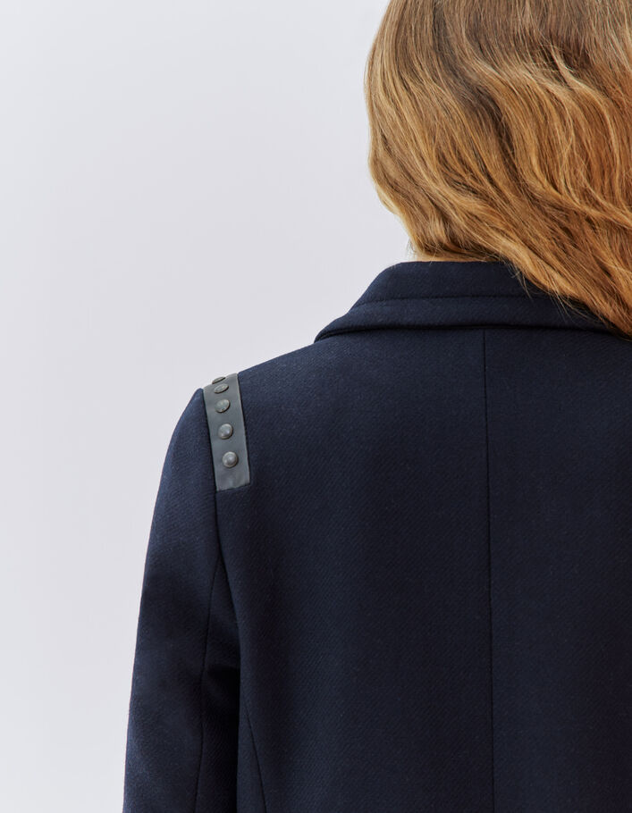 Manteau droit marine lainage décor clous Femme