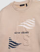 Sweat beige logo embossé et motifs rayures garçon-4