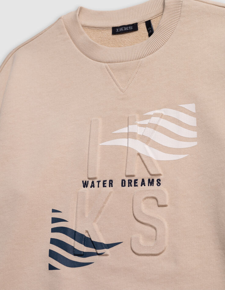 Sweat beige logo embossé et motifs rayures garçon-4