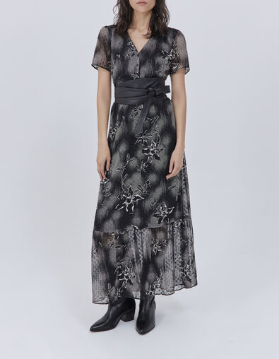 Women’s black long dress with ecru dandy flower print - IKKS