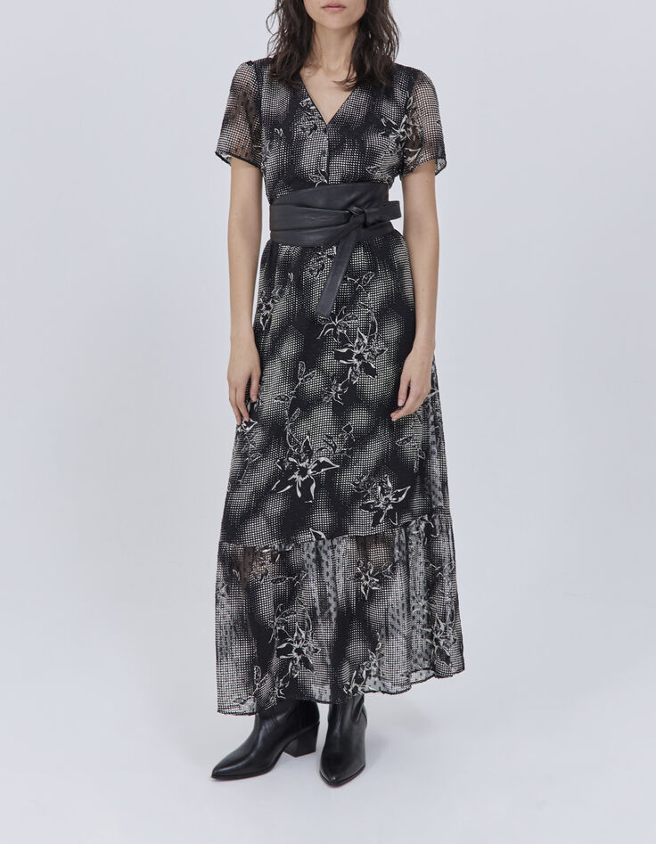 Women’s black long dress with ecru dandy flower print-1