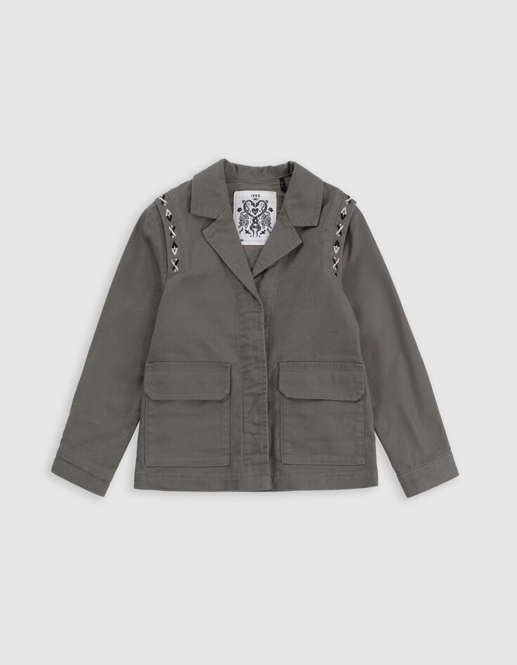 Khaki safari jacket maxi back embroidery for girl-3