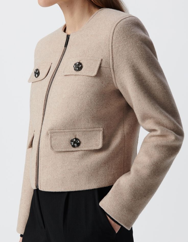 Veste droite beige lainage boutons strass Femme-5