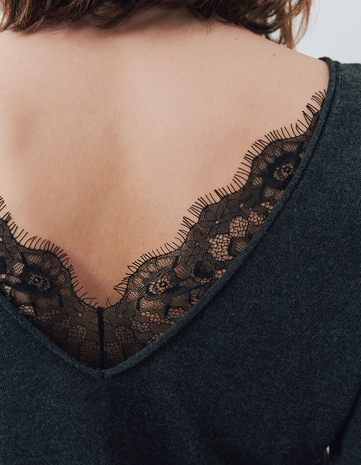 Pull gris foncé encolure devant dos dentelle noire femme-3