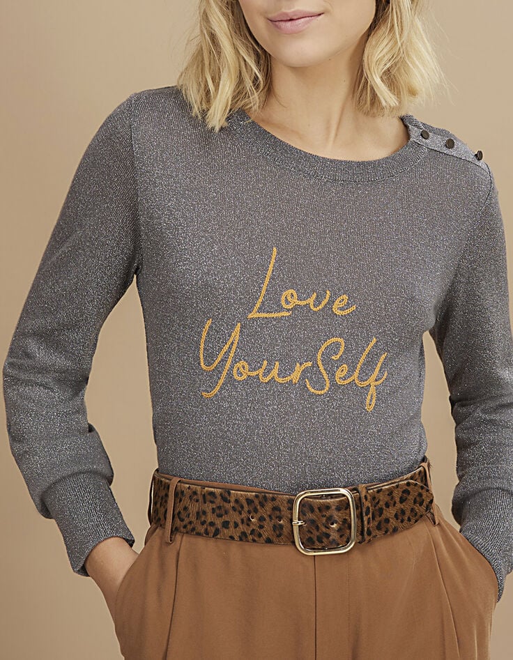 Jersey gris jaspeado punto lurex mensaje bordado I.Code-2 Jersey gris jaspeado punto lurex mensaje bordado I.Code-2