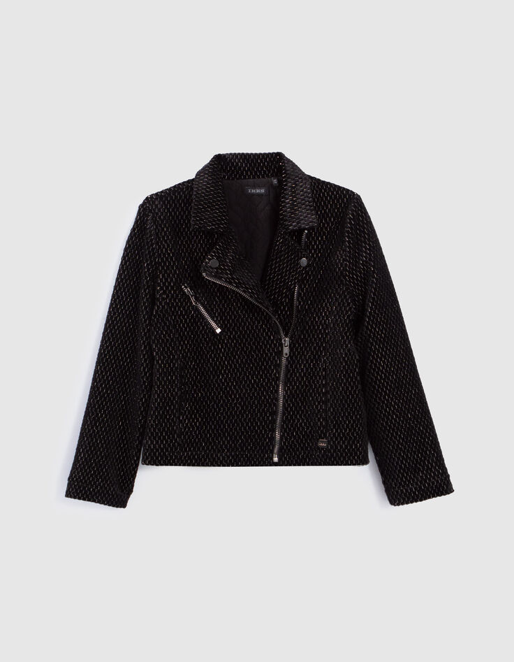 Cardigan noir maille velours jacquard relief lurex fille-1