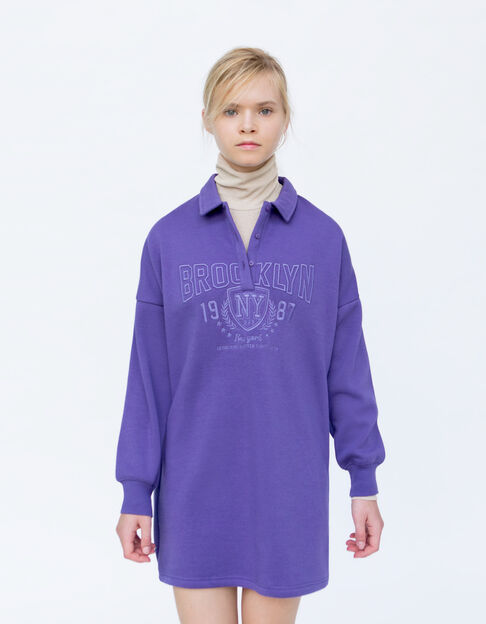 Robe-sweat violet à col polo broderies College fille