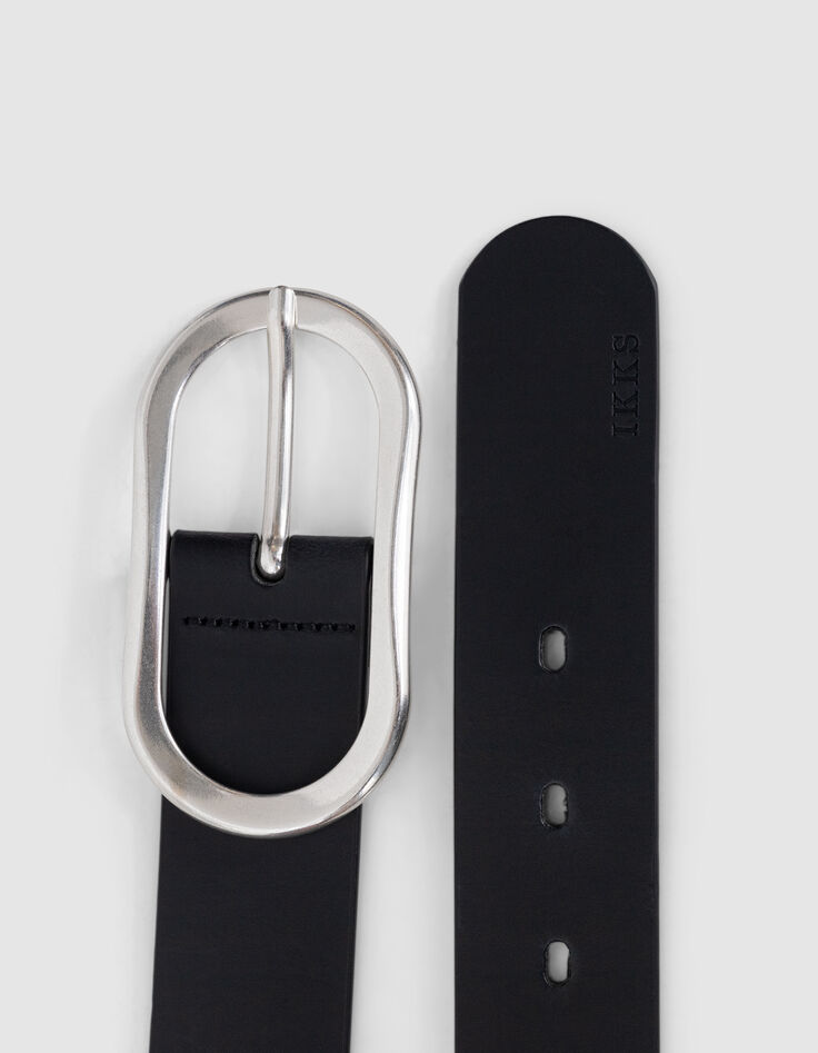 Zwart gladleren damesriem met ovale grijs metalen gesp-4