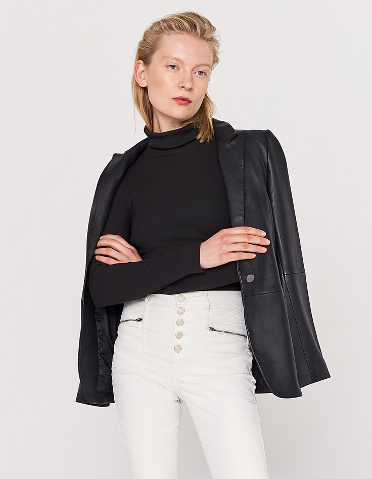 Veste mi- longue en cuir d'agneau noir femme-2