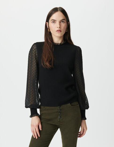 Jersey negro bimaterial punto mangas gasa plumetis mujer - IKKS
