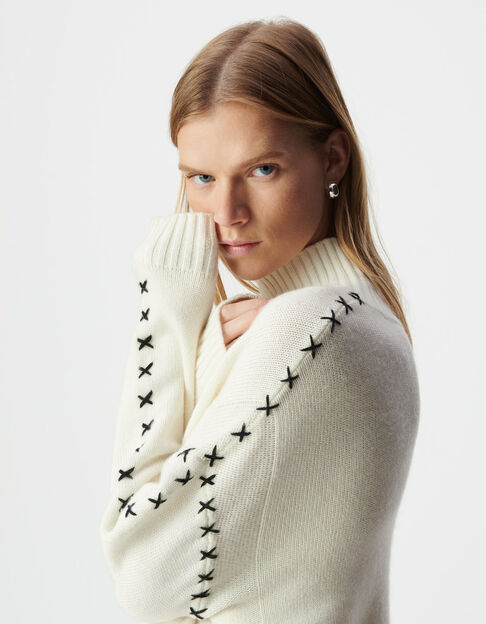 Weißer Damenstrickpulli Schnürdetails an Ärmeln - IKKS