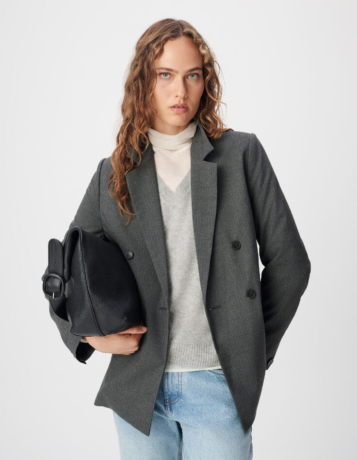 Veste de tailleur grise motif fines rayures Femme-1