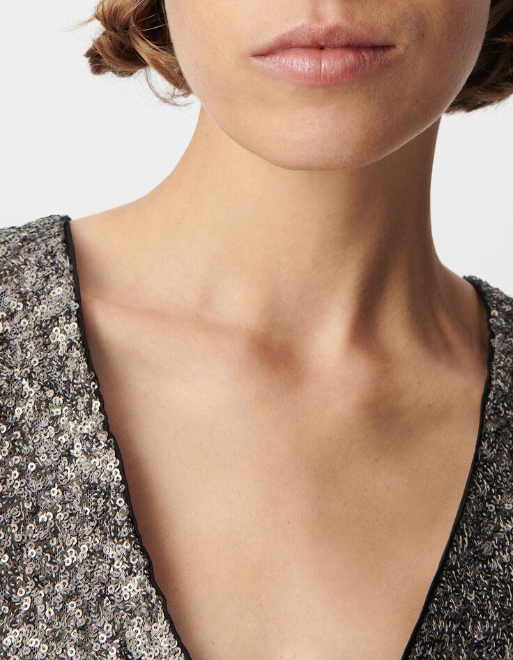 Top gris manche courte brod&eacute; sequins m&eacute;tallis&eacute;s Femme-4