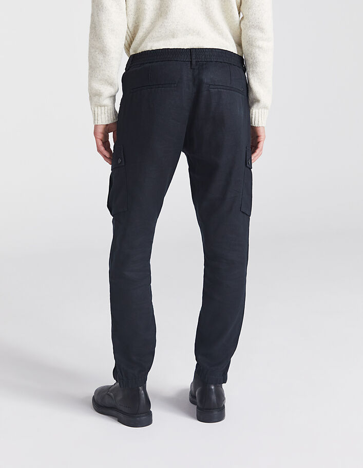 Men’s black linen elasticated cuffs CROPPED combat trousers