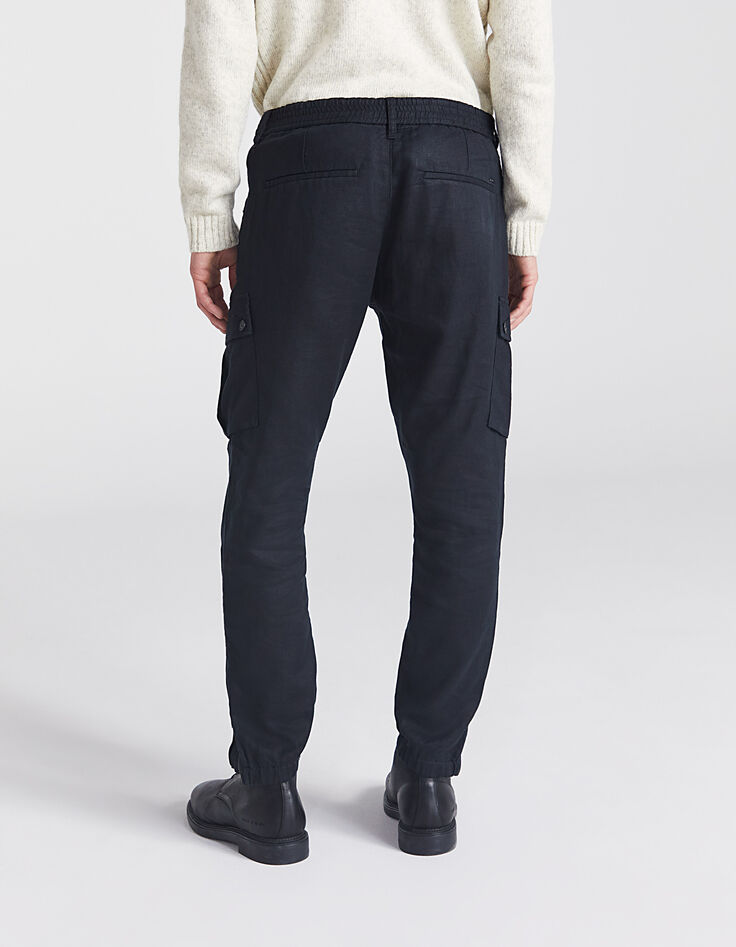 Pantalón battle CROPPED negro de lino y bajos elásticos Hombre-3