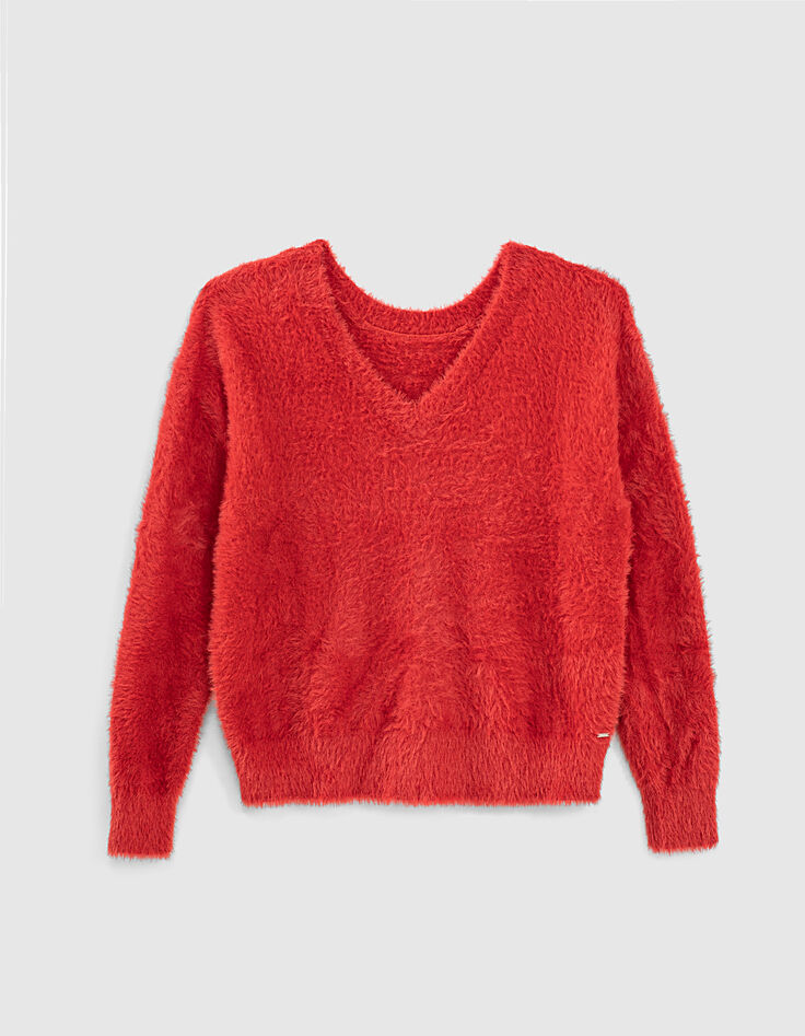 Pull col V coloris corail maille effet poilu femme-1