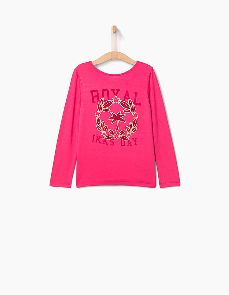 Tee-shirt fuchsia à dos bi-matière boutonné fille-3