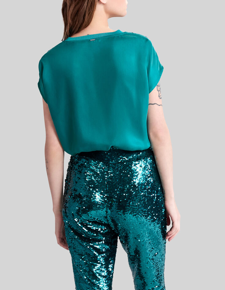 Smaragdgr&uuml;nes Damen-Satin-Top Nieten an den Schultern-3