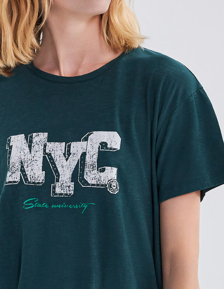 Camiseta verde pato mensaje tachuelas mujer-4