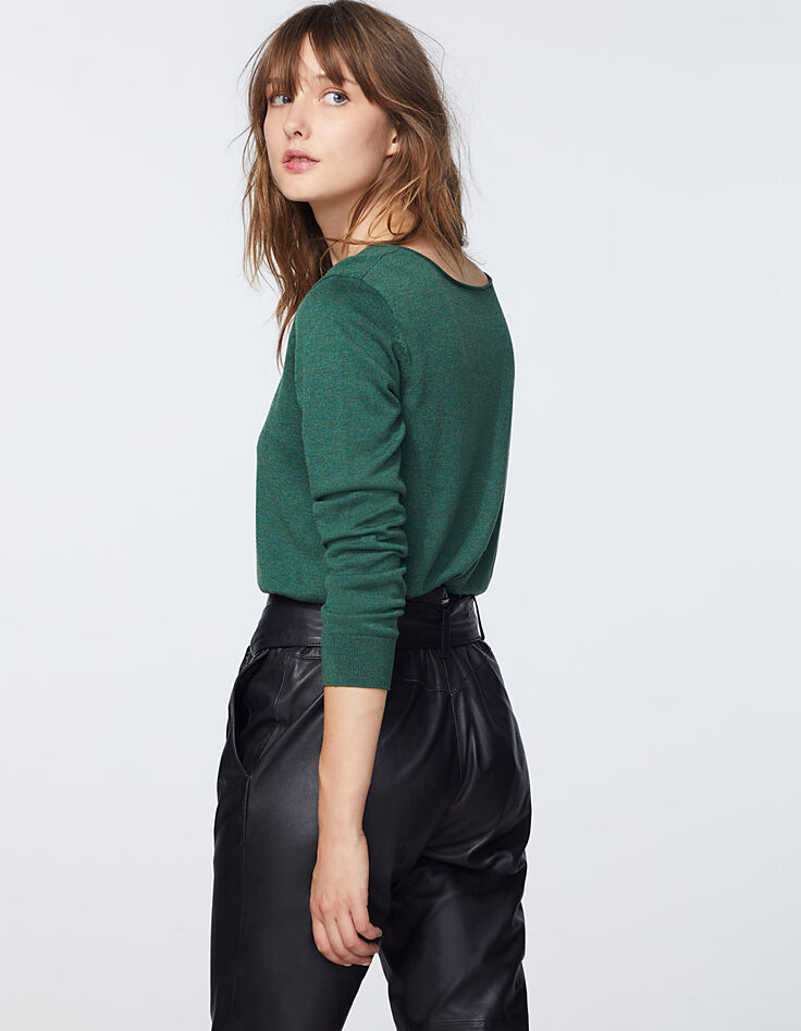 Pull prusse maille tricot encolure V apport dentelle femme-3
