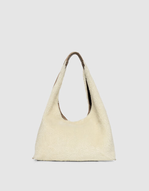 Cremeweiße Damenhobo-Tasche Wollleder und Leder - IKKS