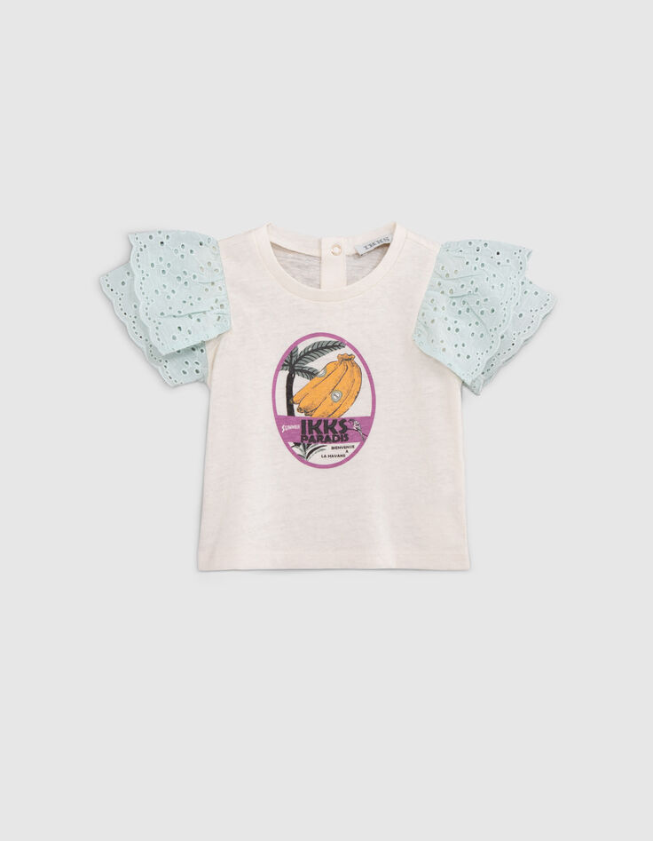 Baby girls’ ecru T-shirt with bananas and palm tree image-1