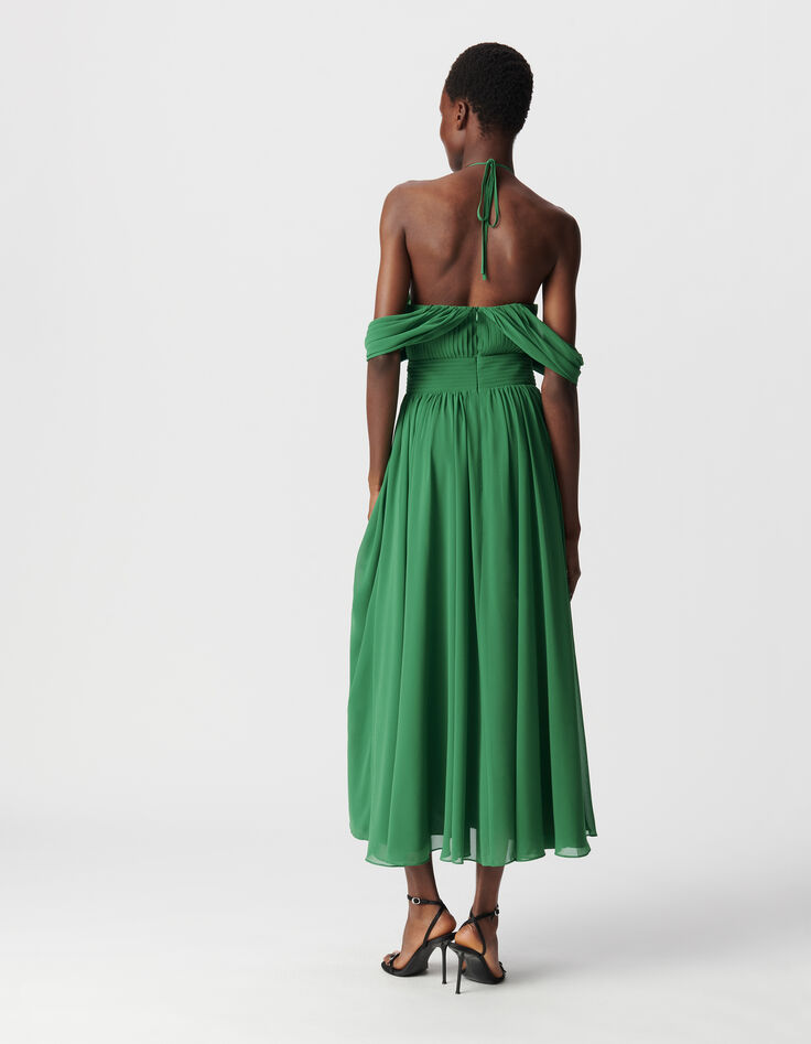 Grünes langes Kleid für Damen mit drapierten Trägern-2