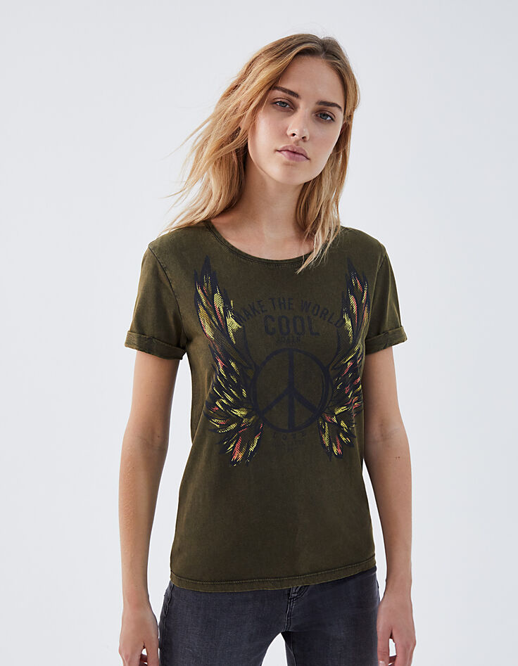 Women’s khaki peace and love acid wash cotton T-shirt-2