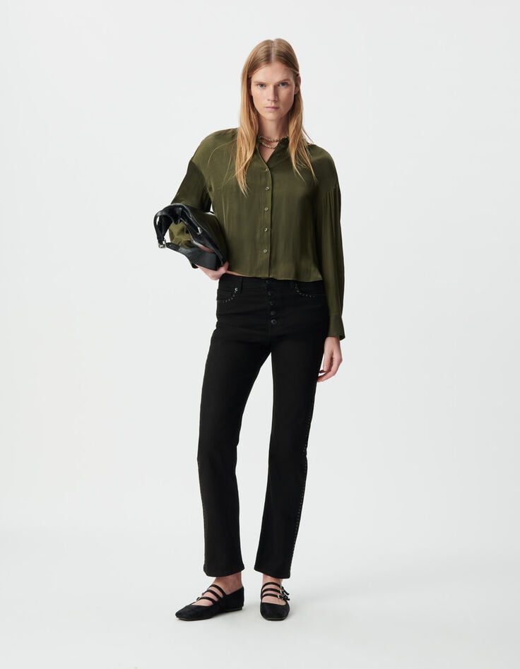 Kaki vloeiend overhemd lange mouw cropped Dames-1 Kaki vloeiend overhemd lange mouw cropped Dames-1