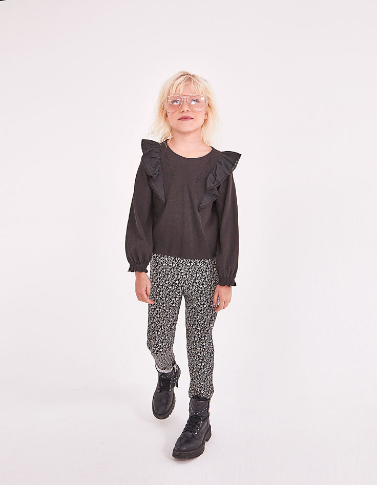 Zwarte vloeiende broek Ecovero® lelieprint meisjes-6
