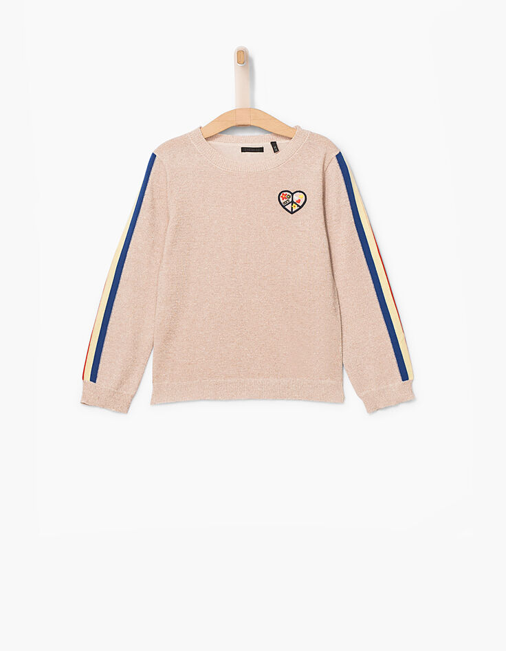 Pull rose poudré pailleté à bandes rayées fille-2