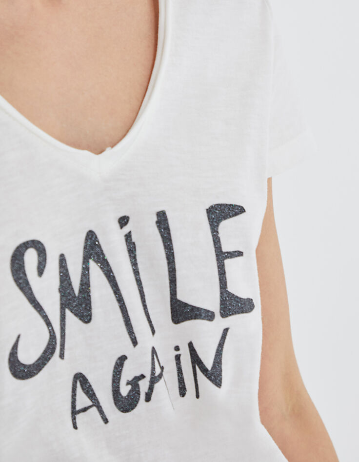Gebroken wit T-shirt gevlamd katoen, glittertekst dames-4