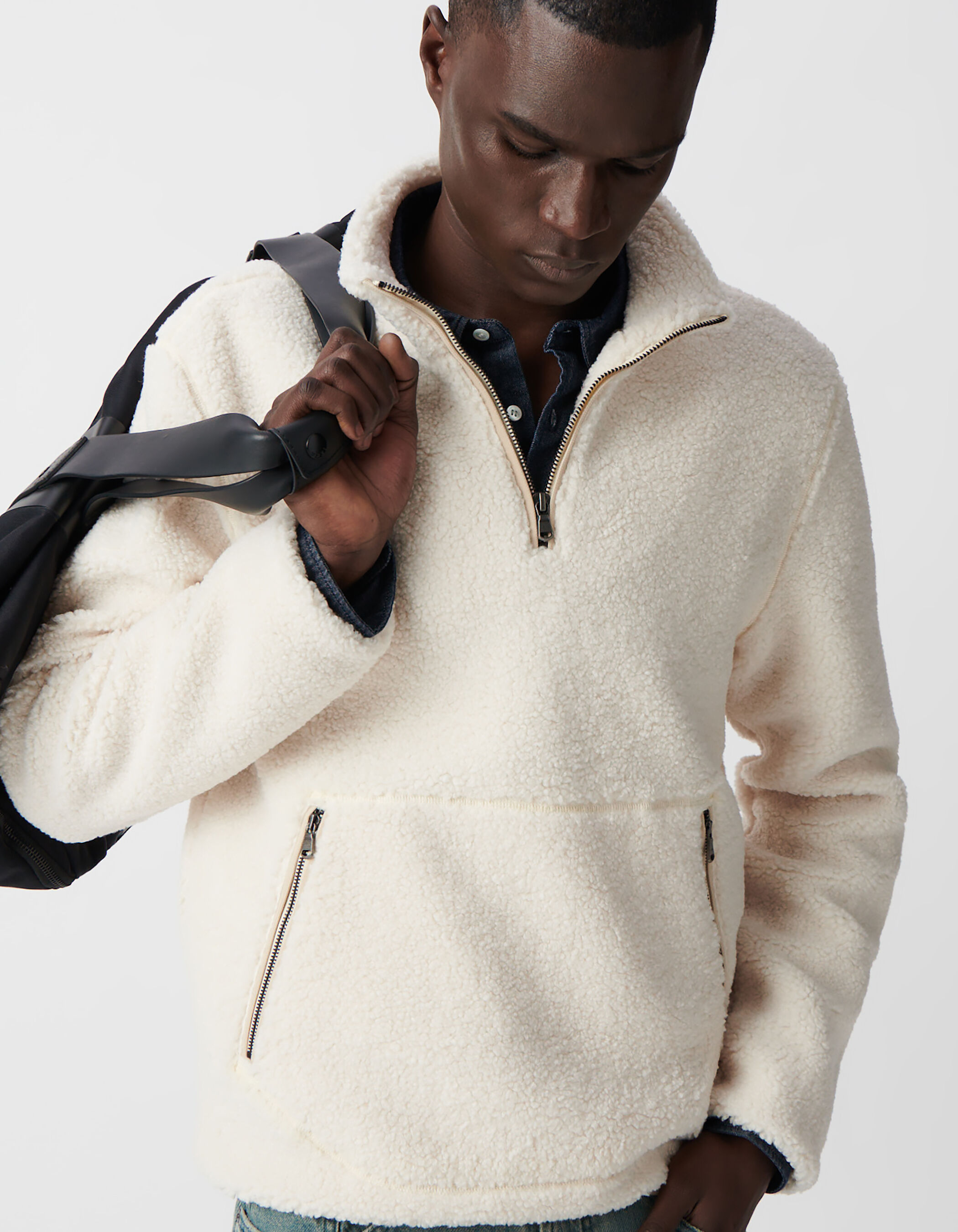Herren Sweatshirt Off White Sherpa Kragen Ziptaschen IKKS