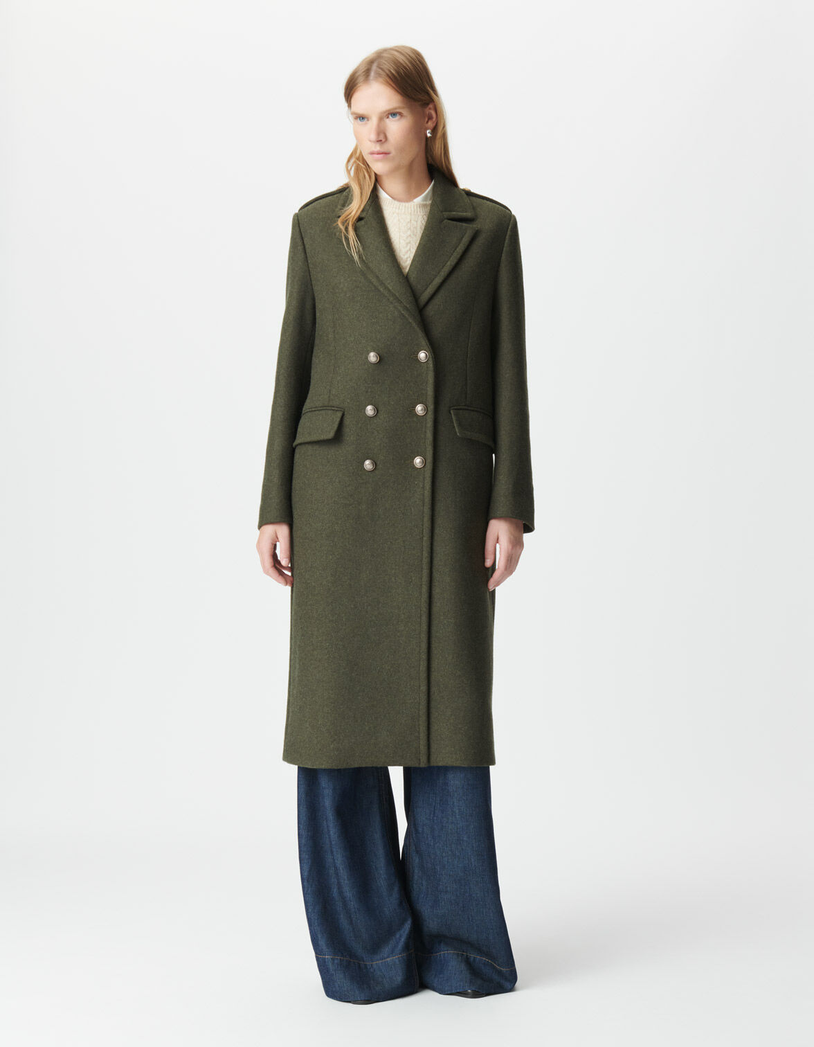 Women's khaki long pea coat with engraved buttons IKKS