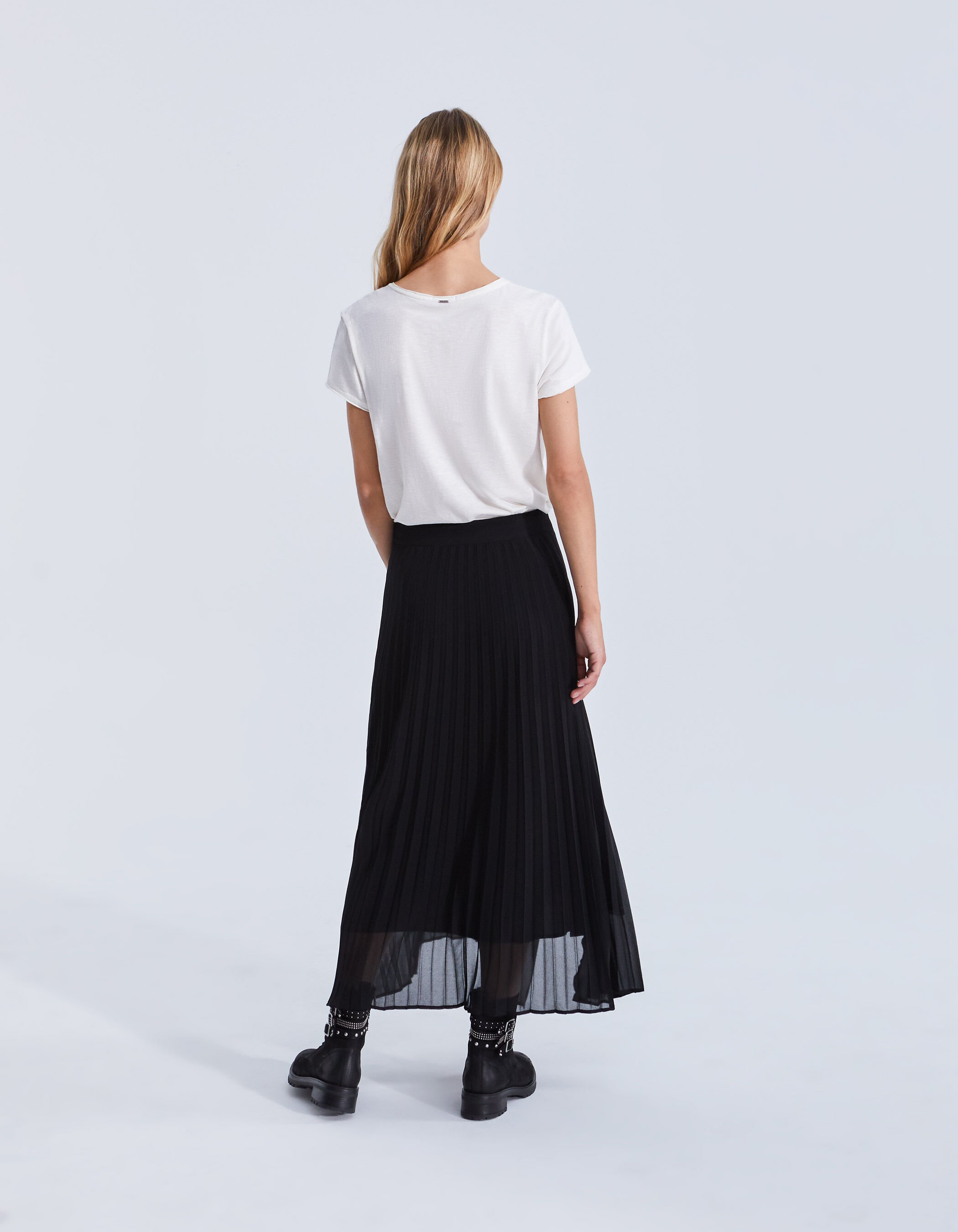Women s black pleated recycled 2 in 1 look long skirt IKKS