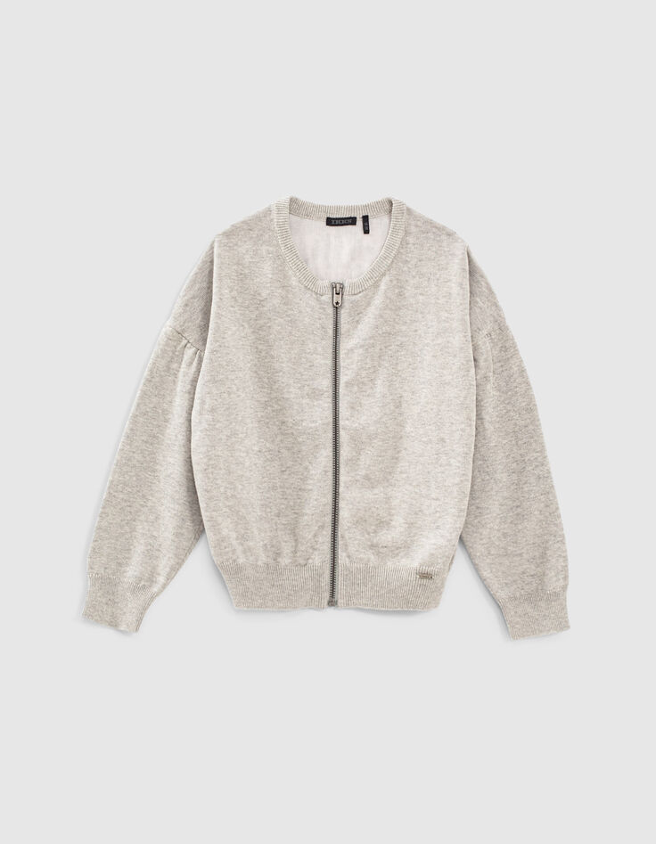 Cardigan gris chiné moyen bi matière zippé fille-1