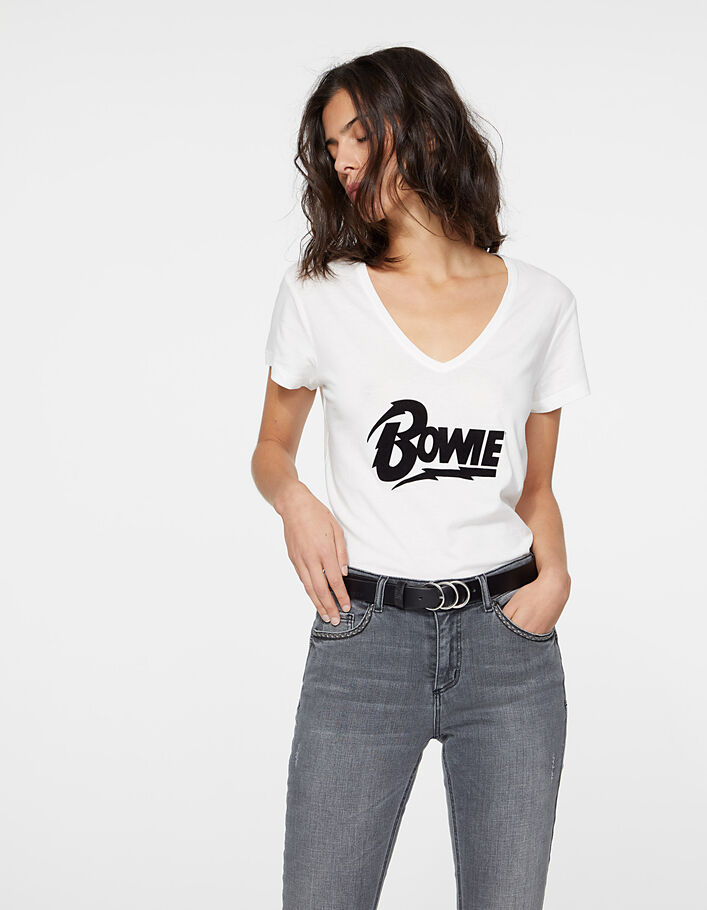 Cremeweißes Damen V-T-Shirt aus Baumwollmodal, Bowie-Motiv - IKKS