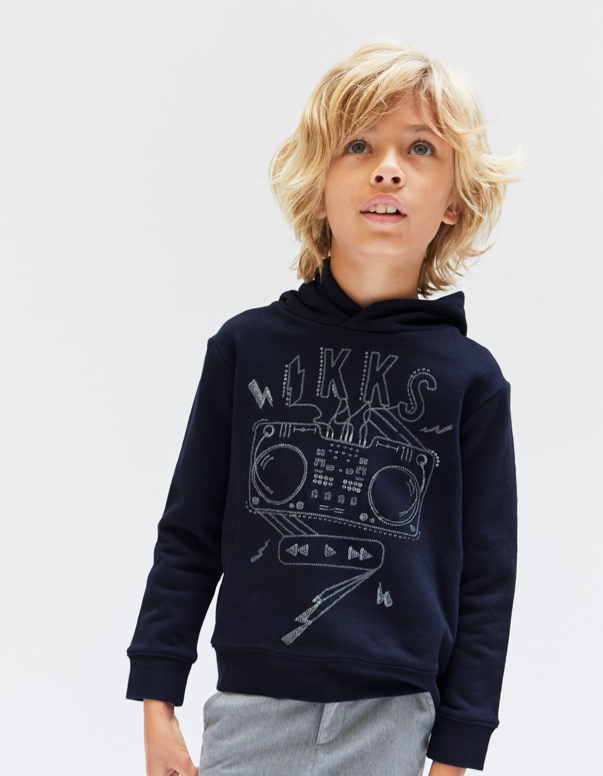 Boys navy double turntable sequin embroidery sweatshirt