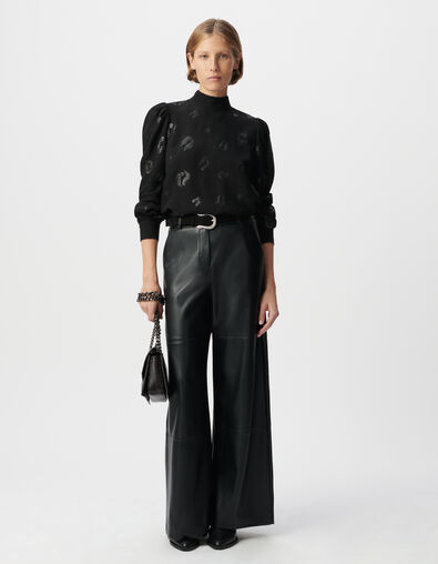Blouse manche longue noire motif léopard brodé sequins Femme - IKKS