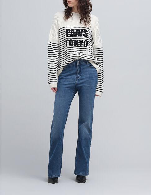 Women's black striped knit sweater with loopback message - IKKS
