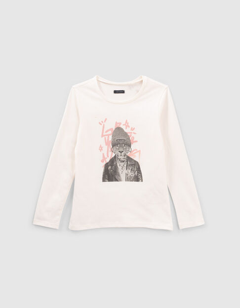  Mädchen-T-Shirt creme Leopard vor Pailletten-Graffiti