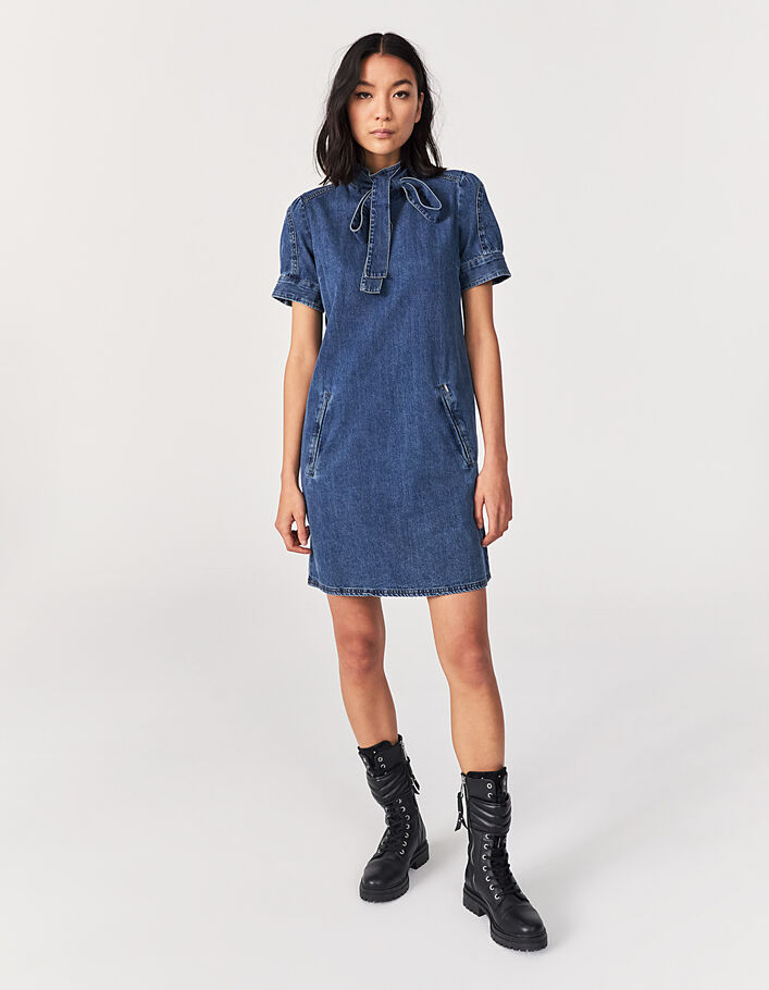 Blue denim straight dress with removable tie